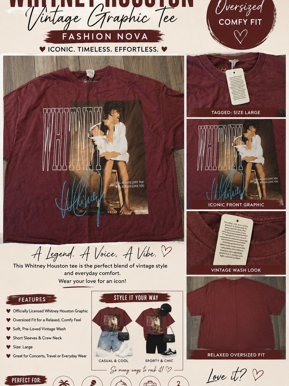 Whitney Houston Graphic Tee - Burgundy
